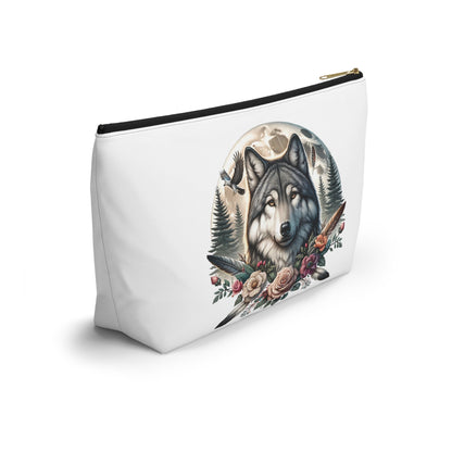 Wolf Accessory Pouch, Wolf Floral Accessory Pouch, Boho Makeup Bag, Nature Travel Case, Gift for Animal Lovers, Festival Organizing Pouch - Victory Thru Vision 