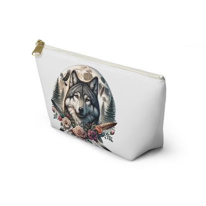 Wolf Accessory Pouch, Wolf Floral Accessory Pouch, Boho Makeup Bag, Nature Travel Case, Gift for Animal Lovers, Festival Organizing Pouch - Victory Thru Vision 