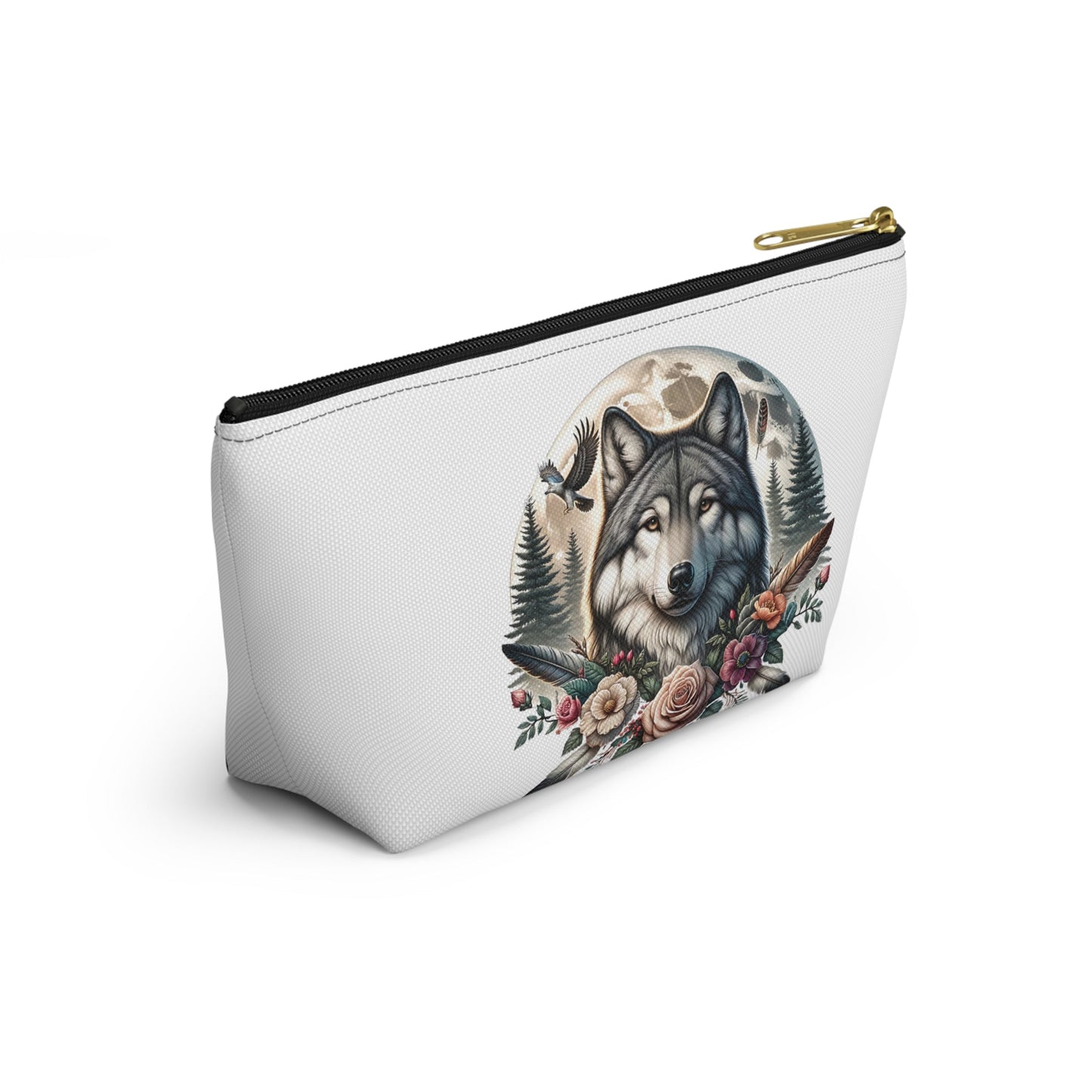 Wolf Accessory Pouch, Wolf Floral Accessory Pouch, Boho Makeup Bag, Nature Travel Case, Gift for Animal Lovers, Festival Organizing Pouch - Victory Thru Vision 