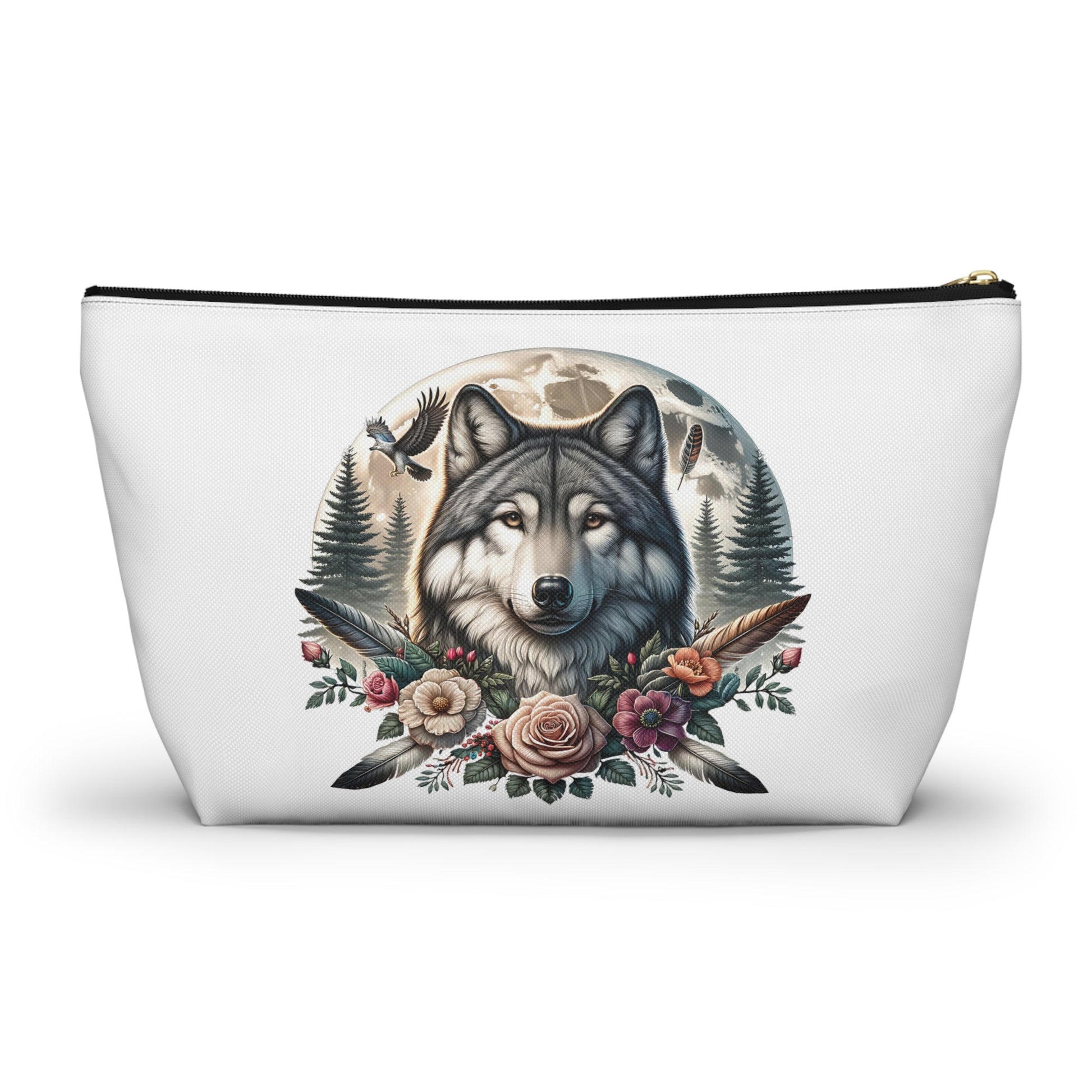 Wolf Accessory Pouch, Wolf Floral Accessory Pouch, Boho Makeup Bag, Nature Travel Case, Gift for Animal Lovers, Festival Organizing Pouch - Victory Thru Vision 