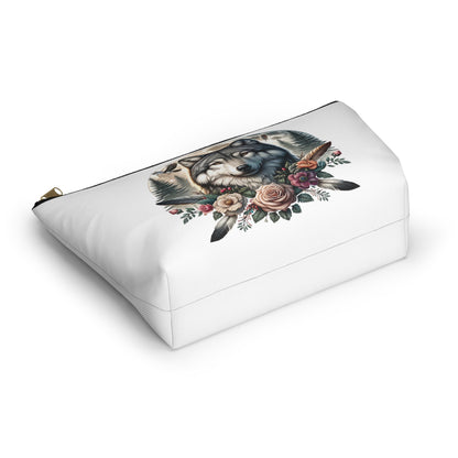 Wolf Accessory Pouch, Wolf Floral Accessory Pouch, Boho Makeup Bag, Nature Travel Case, Gift for Animal Lovers, Festival Organizing Pouch - Victory Thru Vision 