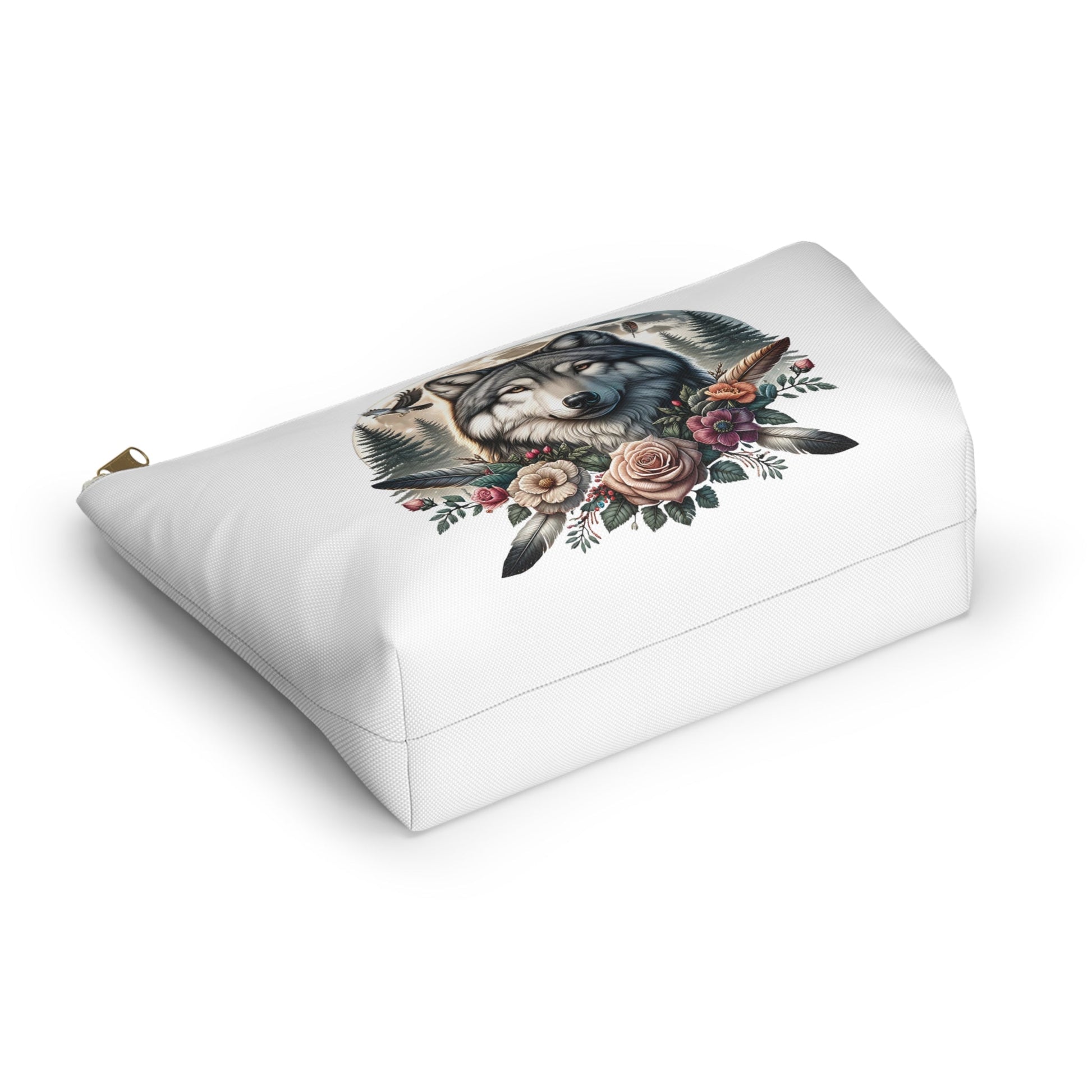 Wolf Accessory Pouch, Wolf Floral Accessory Pouch, Boho Makeup Bag, Nature Travel Case, Gift for Animal Lovers, Festival Organizing Pouch - Victory Thru Vision 