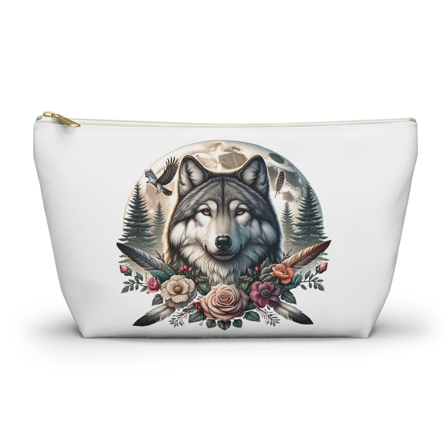 Wolf Accessory Pouch, Wolf Floral Accessory Pouch, Boho Makeup Bag, Nature Travel Case, Gift for Animal Lovers, Festival Organizing Pouch - Victory Thru Vision 