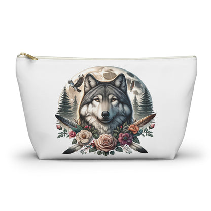 Wolf Accessory Pouch, Wolf Floral Accessory Pouch, Boho Makeup Bag, Nature Travel Case, Gift for Animal Lovers, Festival Organizing Pouch - Victory Thru Vision 