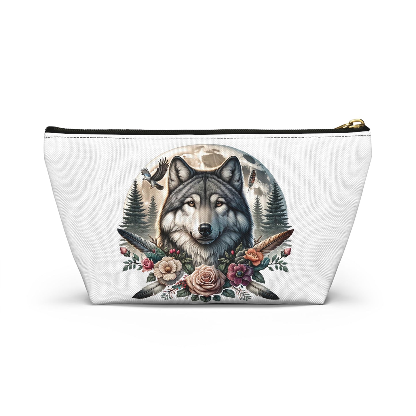 Wolf Accessory Pouch, Wolf Floral Accessory Pouch, Boho Makeup Bag, Nature Travel Case, Gift for Animal Lovers, Festival Organizing Pouch - Victory Thru Vision 