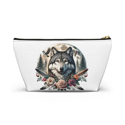 Wolf Accessory Pouch, Wolf Floral Accessory Pouch, Boho Makeup Bag, Nature Travel Case, Gift for Animal Lovers, Festival Organizing Pouch - Victory Thru Vision 