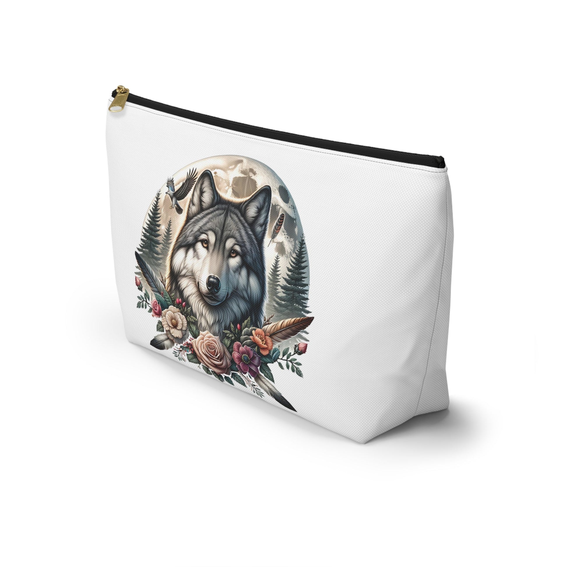 Wolf Accessory Pouch, Wolf Floral Accessory Pouch, Boho Makeup Bag, Nature Travel Case, Gift for Animal Lovers, Festival Organizing Pouch - Victory Thru Vision 