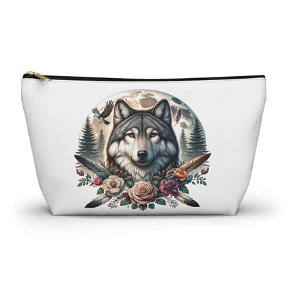 Wolf Accessory Pouch, Wolf Floral Accessory Pouch, Boho Makeup Bag, Nature Travel Case, Gift for Animal Lovers, Festival Organizing Pouch - Victory Thru Vision 