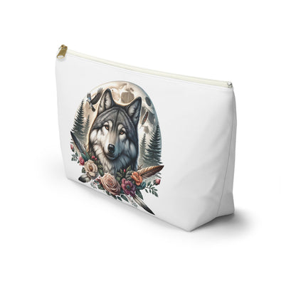 Wolf Accessory Pouch, Wolf Floral Accessory Pouch, Boho Makeup Bag, Nature Travel Case, Gift for Animal Lovers, Festival Organizing Pouch - Victory Thru Vision 