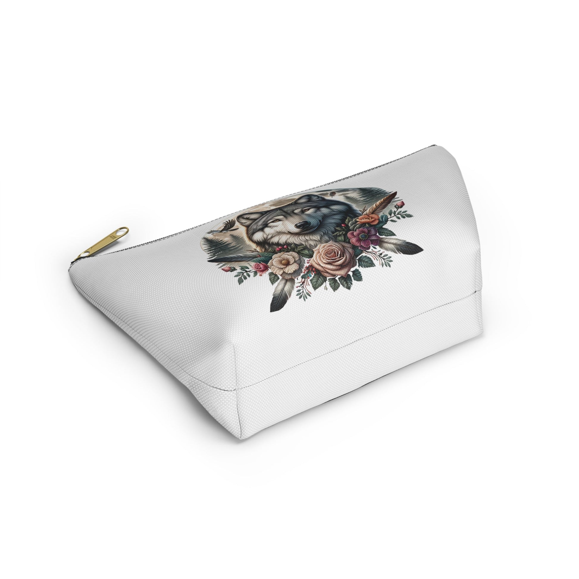 Wolf Accessory Pouch, Wolf Floral Accessory Pouch, Boho Makeup Bag, Nature Travel Case, Gift for Animal Lovers, Festival Organizing Pouch - Victory Thru Vision 