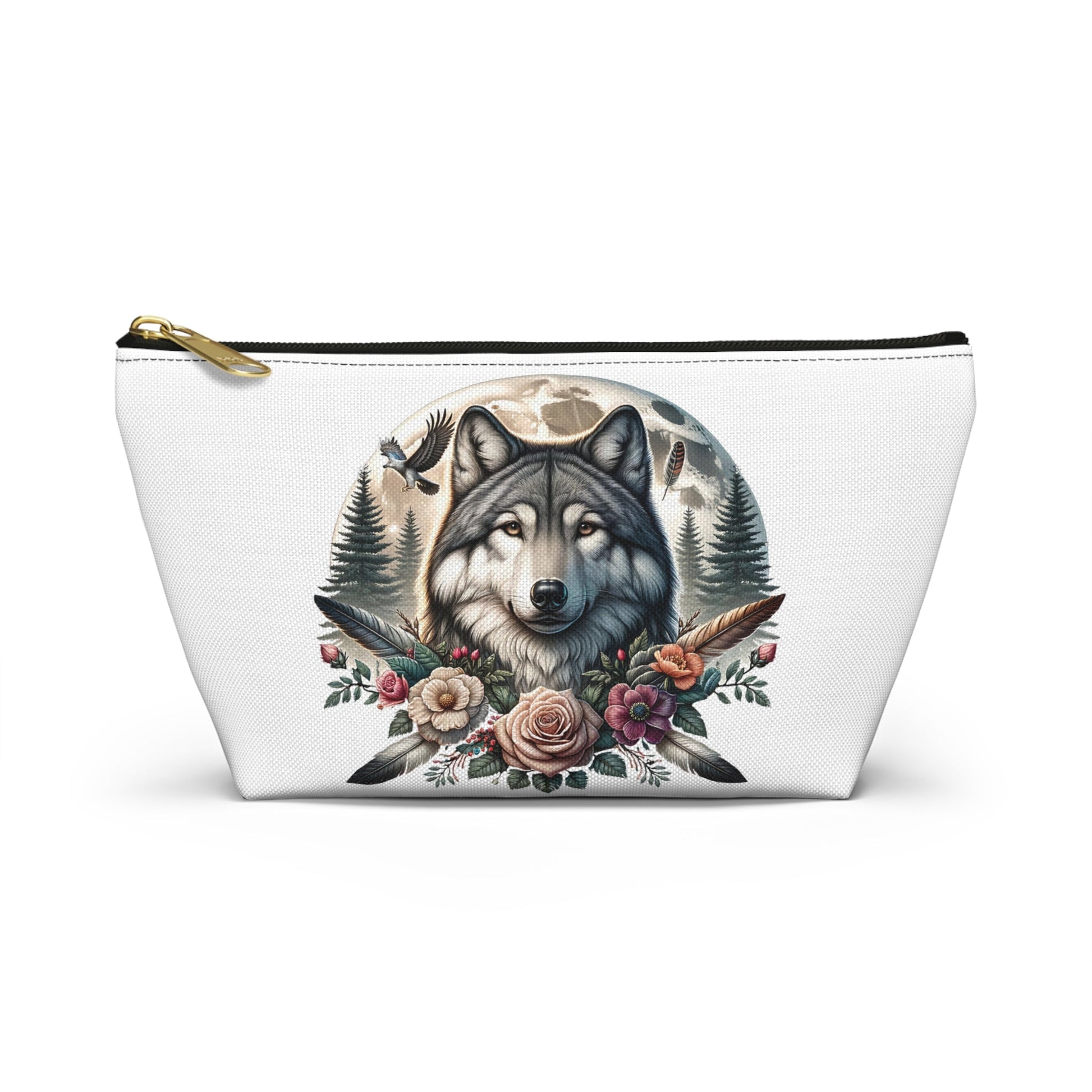 Wolf Accessory Pouch, Wolf Floral Accessory Pouch, Boho Makeup Bag, Nature Travel Case, Gift for Animal Lovers, Festival Organizing Pouch - Victory Thru Vision 