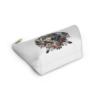 Wolf Accessory Pouch, Wolf Floral Accessory Pouch, Boho Makeup Bag, Nature Travel Case, Gift for Animal Lovers, Festival Organizing Pouch - Victory Thru Vision 