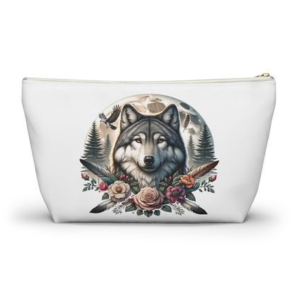 Wolf Accessory Pouch, Wolf Floral Accessory Pouch, Boho Makeup Bag, Nature Travel Case, Gift for Animal Lovers, Festival Organizing Pouch - Victory Thru Vision 