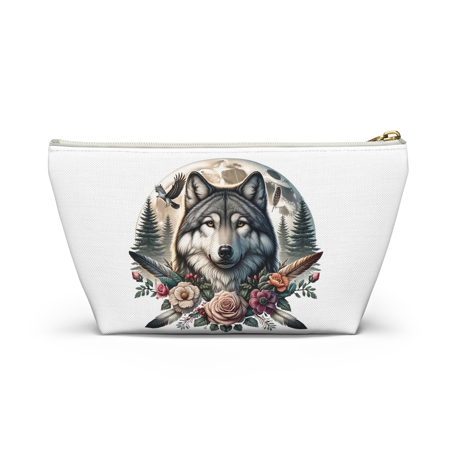Wolf Accessory Pouch, Wolf Floral Accessory Pouch, Boho Makeup Bag, Nature Travel Case, Gift for Animal Lovers, Festival Organizing Pouch - Victory Thru Vision 
