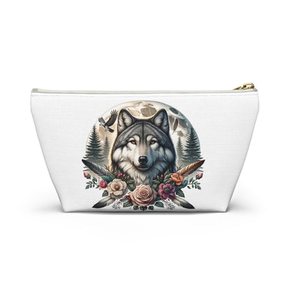 Wolf Accessory Pouch, Wolf Floral Accessory Pouch, Boho Makeup Bag, Nature Travel Case, Gift for Animal Lovers, Festival Organizing Pouch - Victory Thru Vision 