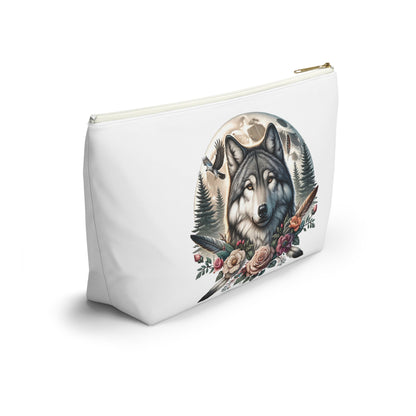 Wolf Accessory Pouch, Wolf Floral Accessory Pouch, Boho Makeup Bag, Nature Travel Case, Gift for Animal Lovers, Festival Organizing Pouch - Victory Thru Vision 