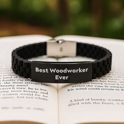 Woodworker Gifts from Friends for Best Woodworker Ever Glide lock Clasp Bracelet, Adjustable Black Silicone, Unique Graduation Presents, Gifts for Men, 9.05 - inch, Silver, Black Stainless Steel - Victory Thru Vision